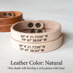 two matching couples bracelets in natural engraved with custom navigation coordinates